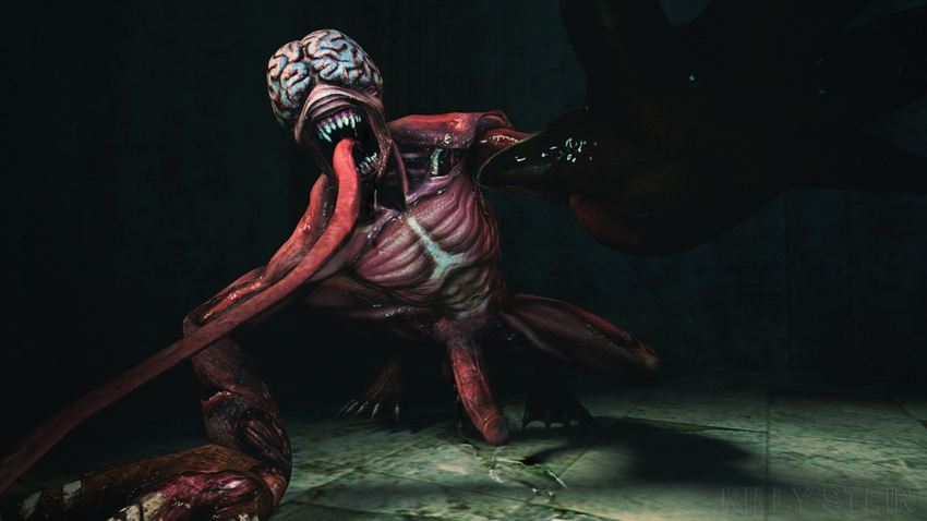 3d_(artwork) anthro big_penis capcom digital_media_(artwork) erection human humanoid humanoid_penis killystein licker male mammal monster nightmare_fuel not_furry open_mouth penis resident_evil solo teeth tongue tongue_out video_games