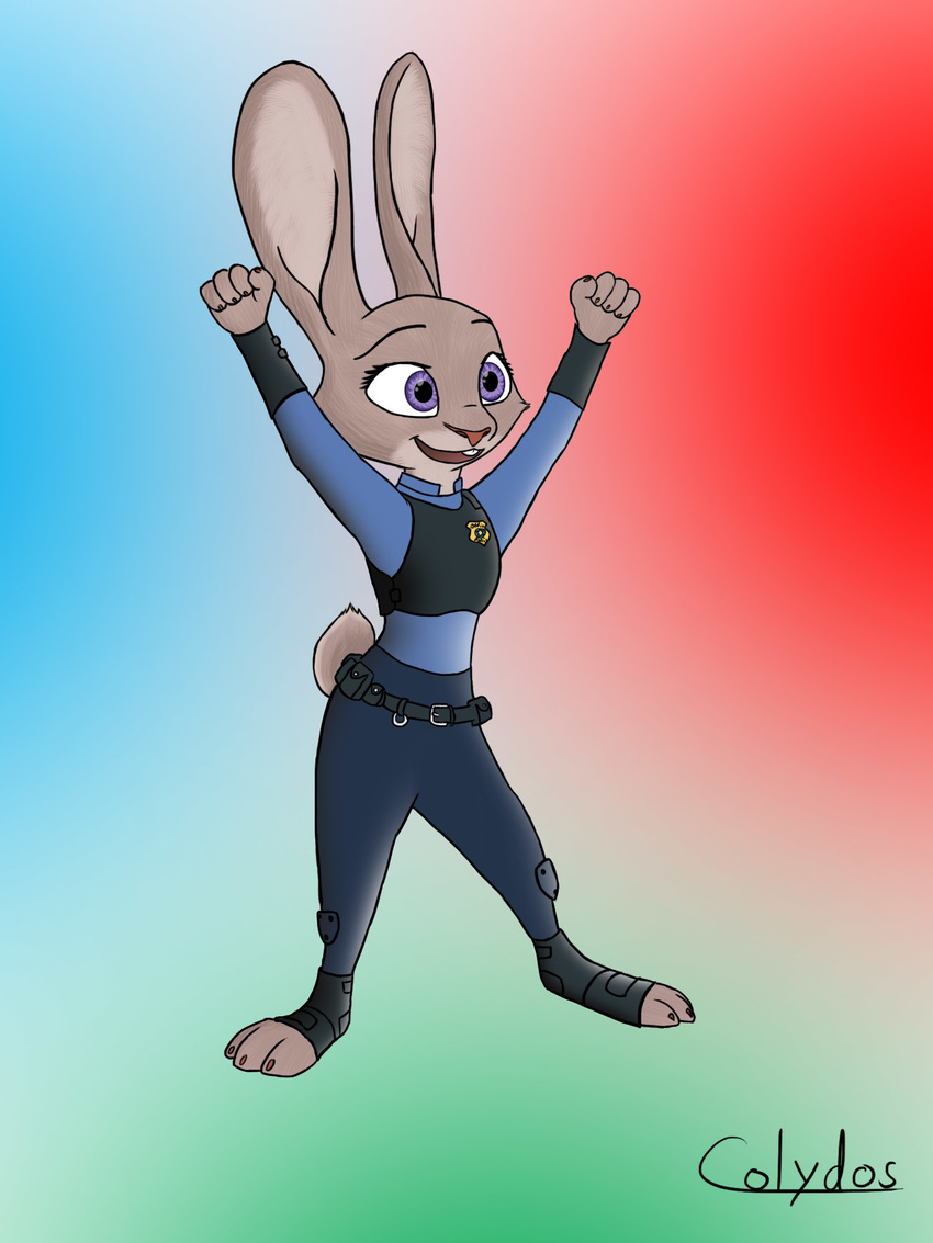 2016 anthro buckteeth clothed clothing colydos disney eyelashes female fur gradient_background grey_fur hi_res judy_hopps lagomorph long_ears mammal open_mouth police_uniform purple_eyes rabbit simple_background smile solo standing teeth uniform zootopia