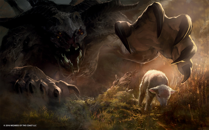ambiguous_gender anthro caprine christine_choi claws feral grazing horn magic_the_gathering mammal monster multi_eye official_art open_mouth outside perspective quadruped reaching_towards_viewer sheep