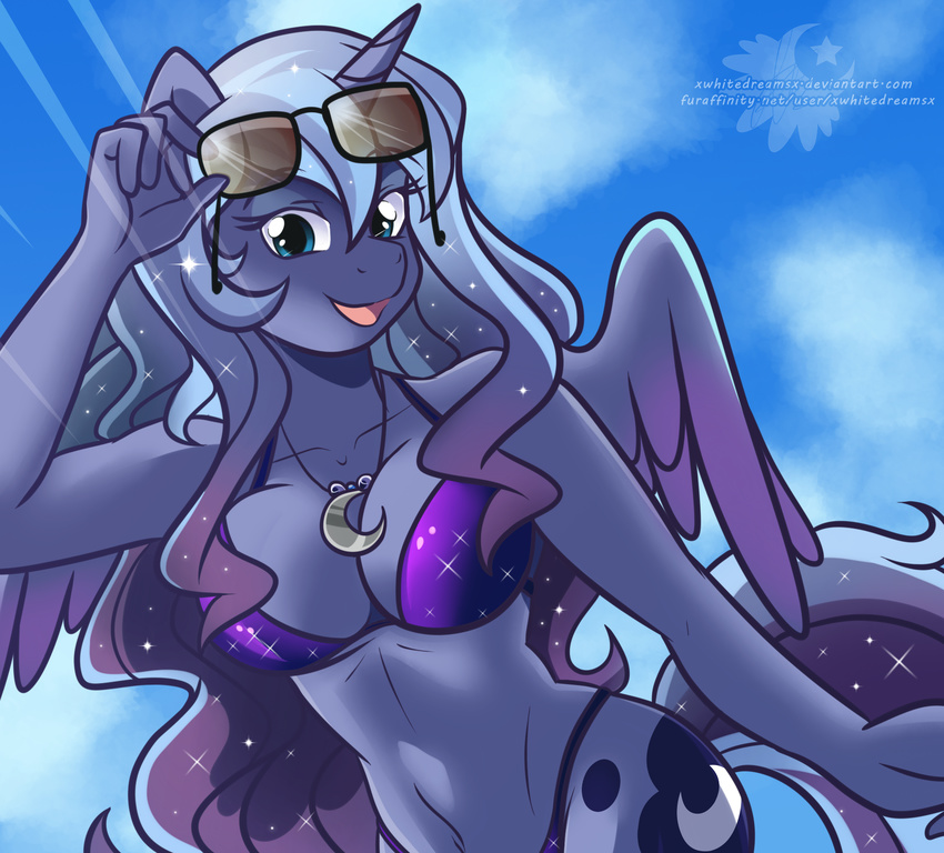 2016 anthro anthrofied beach bikini blue_skin breasts cleavage clothed clothing cloud cutie_mark equine eyewear feathered_wings feathers female friendship_is_magic hair hi_res horn long_hair looking_at_viewer mammal my_little_pony open_mouth outside princess_luna_(mlp) seaside solo summer sunglasses swimsuit winged_unicorn wings xwhitedreamsx