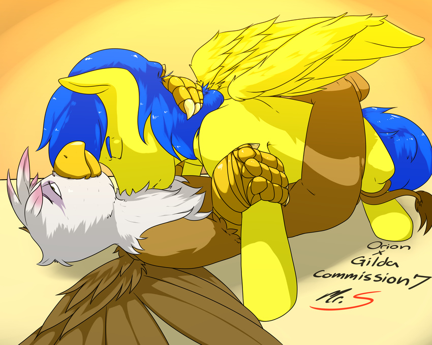 avian equine fan_character female friendship_is_magic fur gilda_(mlp) gryphon hair hi_res horse lying male male/female mammal missionary_position mr.smile my_little_pony oc_x_oc on_back pony sex