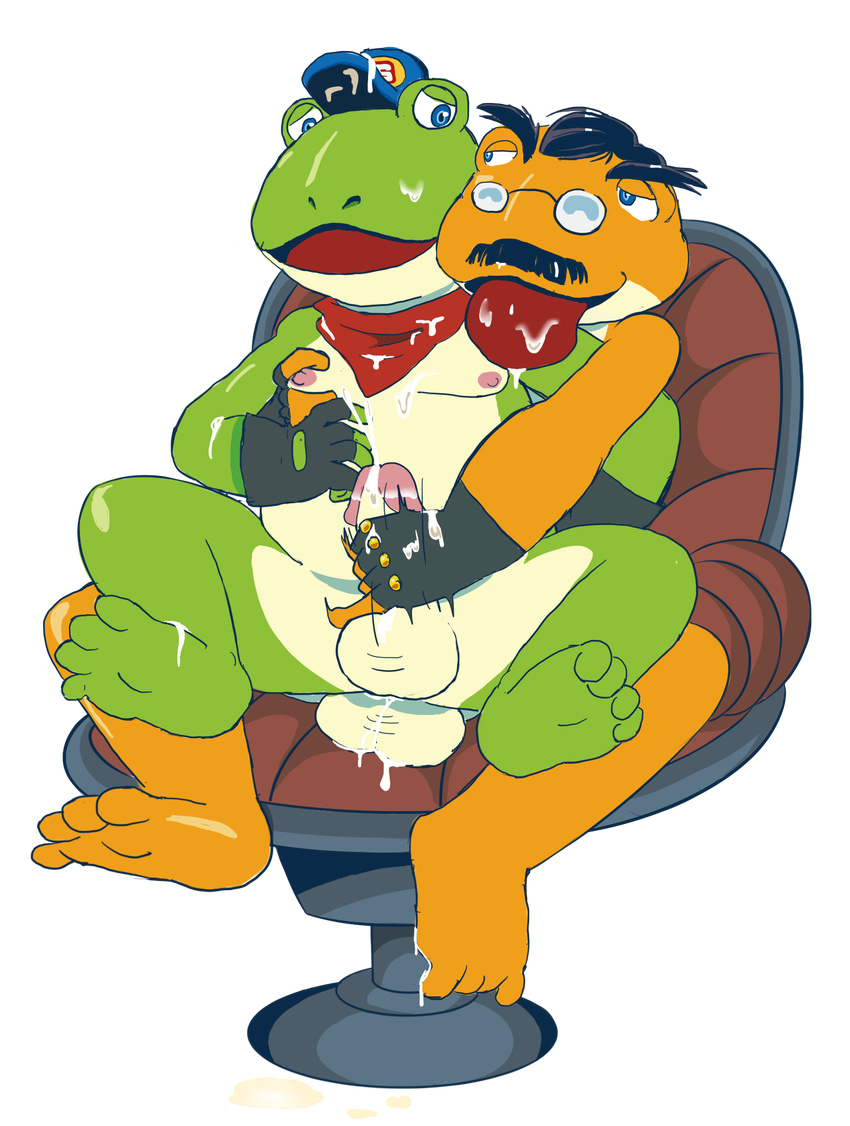 4_toes amphibian bukkake chair clothing cum cum_drip cum_on_tongue dripping eyewear facial_hair fingerless_gloves frog glasses gloves grippy_toad hat hi_res incest kerokamina male male/male mustache neckerchief nintendo nipples reach_around slippy_toad star_fox toes tongue video_games