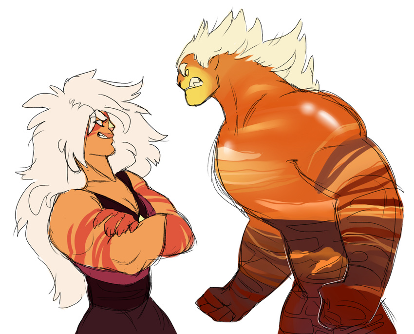 alien angry breasts buyakasha cleavage clothed clothing crossed_arms crossover duo female gem_(species) grin hair jasper_(steven_universe) larger_male male mune:_the_guardian_of_the_moon orange_eyes simple_background size_difference smaller_female sohone steven_universe unknown_species white_background white_hair