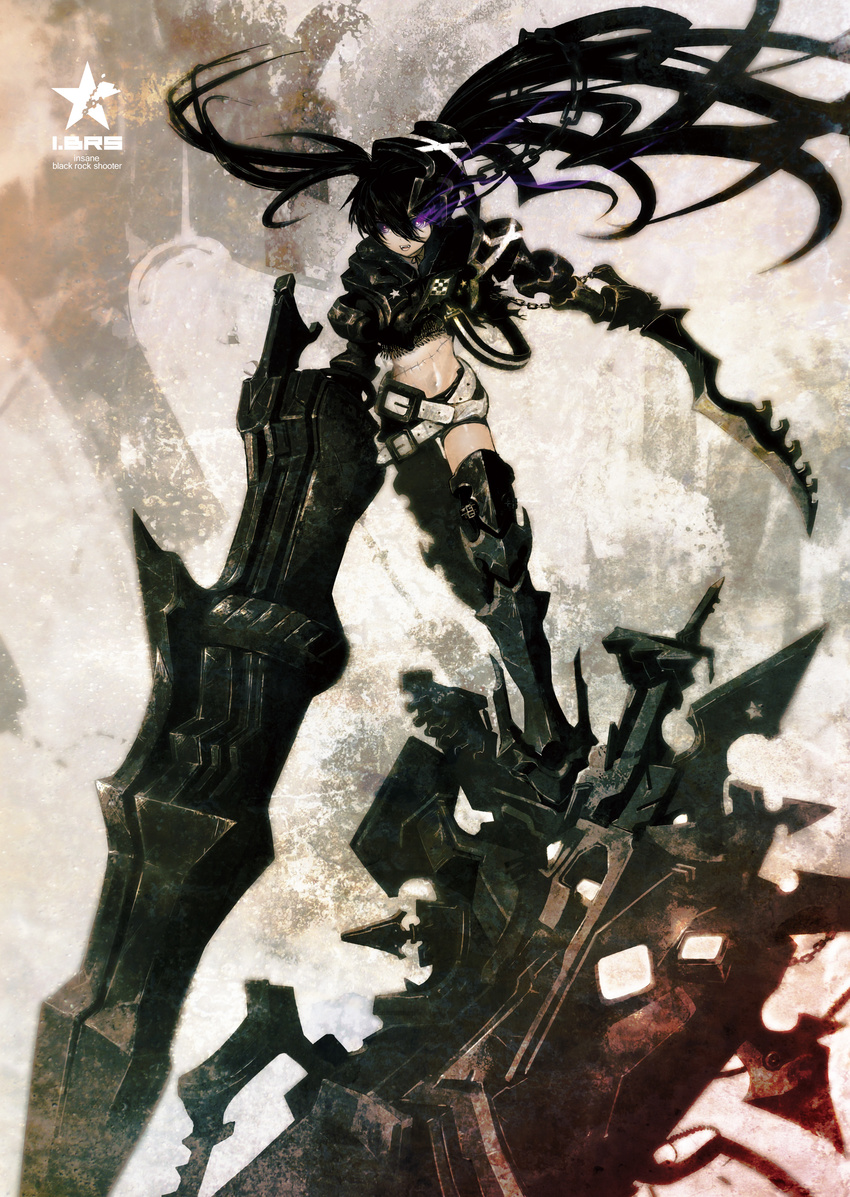 absurdres armor belt black_hair black_rock_shooter boots burning_eye chain fangs gauntlets greaves highres huge_weapon huke insane_black_rock_shooter loose_belt midriff navel pale_skin purple_eyes scar shorts solo stitches sword thigh_boots thighhighs twintails weapon