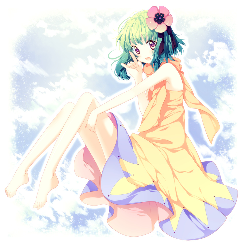 \m/ bad_id bad_pixiv_id barefoot dress feet flower green_hair hair_flower hair_ornament hands heart heart-shaped_pupils highres macross macross_frontier multicolored multicolored_eyes open_mouth orange_eyes purple_eyes ranka_lee riichu scarf seikan_hikou sitting smile solo symbol-shaped_pupils