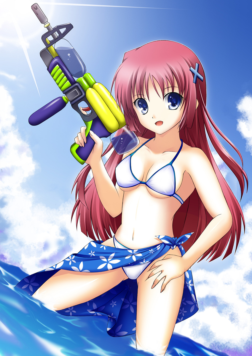 bikini blue_eyes blue_sarong da_capo da_capo_i day highres kain_(little_garden) long_hair print_sarong red_hair sarong shirakawa_kotori sky solo sun swimsuit wading water water_gun