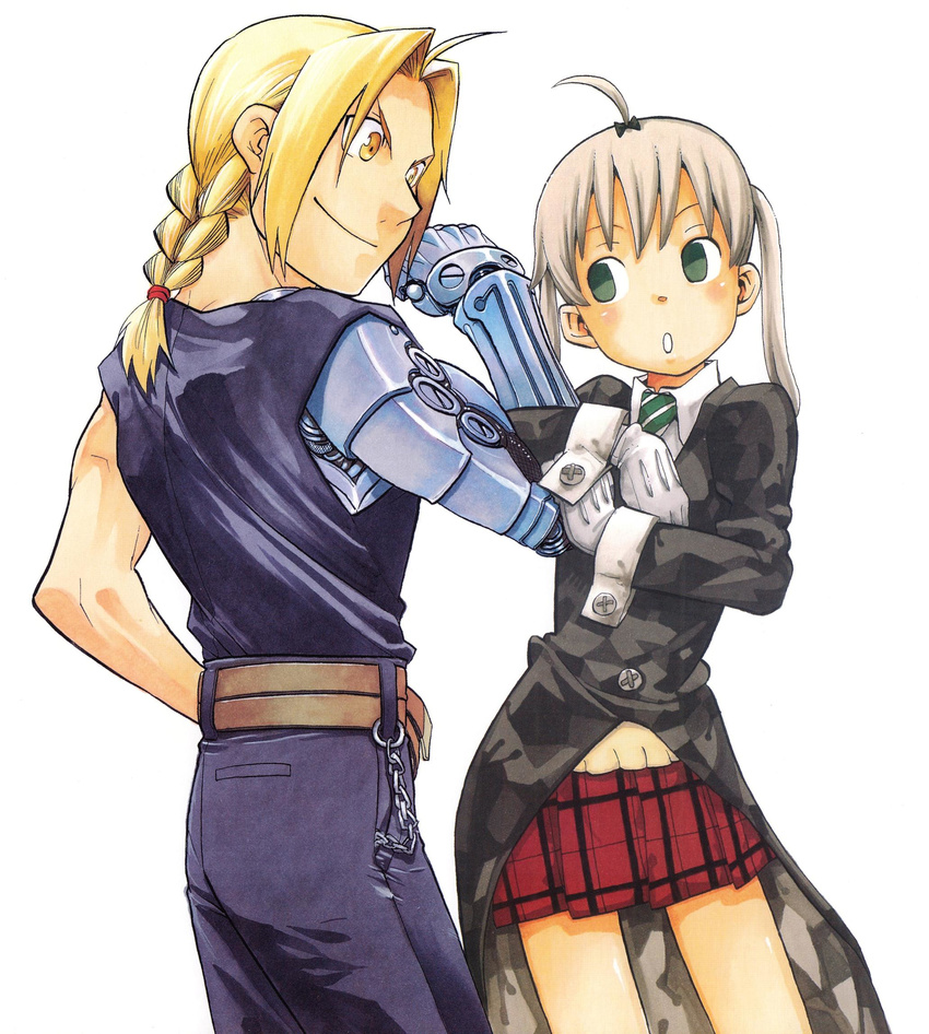 1girl :o ahoge arakawa_hiromu blonde_hair chain collaboration company_connection crossover edward_elric fullmetal_alchemist green_eyes highres maka_albarn necktie official_art okubo_atsushi plaid plaid_skirt short_hair skirt smile soul_eater twintails yellow_eyes