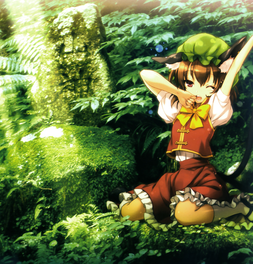 an2a animal_ears arm_up bow bowtie brown_hair cat_ears cat_tail chen chinese_clothes covering_mouth fang forest hand_over_own_mouth hat highres kneeling light_rays mary_janes moss multiple_tails nature one_eye_closed open_mouth outstretched_arm photo_background plant puffy_sleeves red_eyes scan shoes short_hair sitting skirt skirt_set solo stretch sunbeam sunlight tail teardrop touhou wariza white_legwear yawning