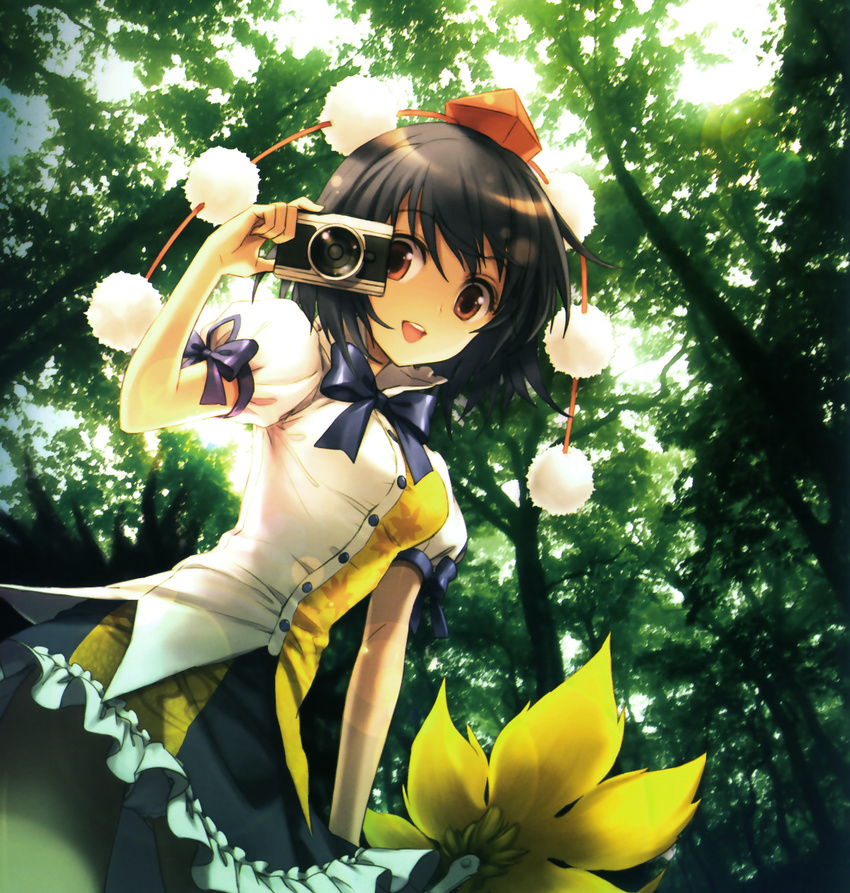 an2a black_hair camera fan forest from_below hat highres looking_at_viewer nature open_mouth panties pantyshot photo_background red_eyes shameimaru_aya short_hair smile solo tokin_hat touhou underwear