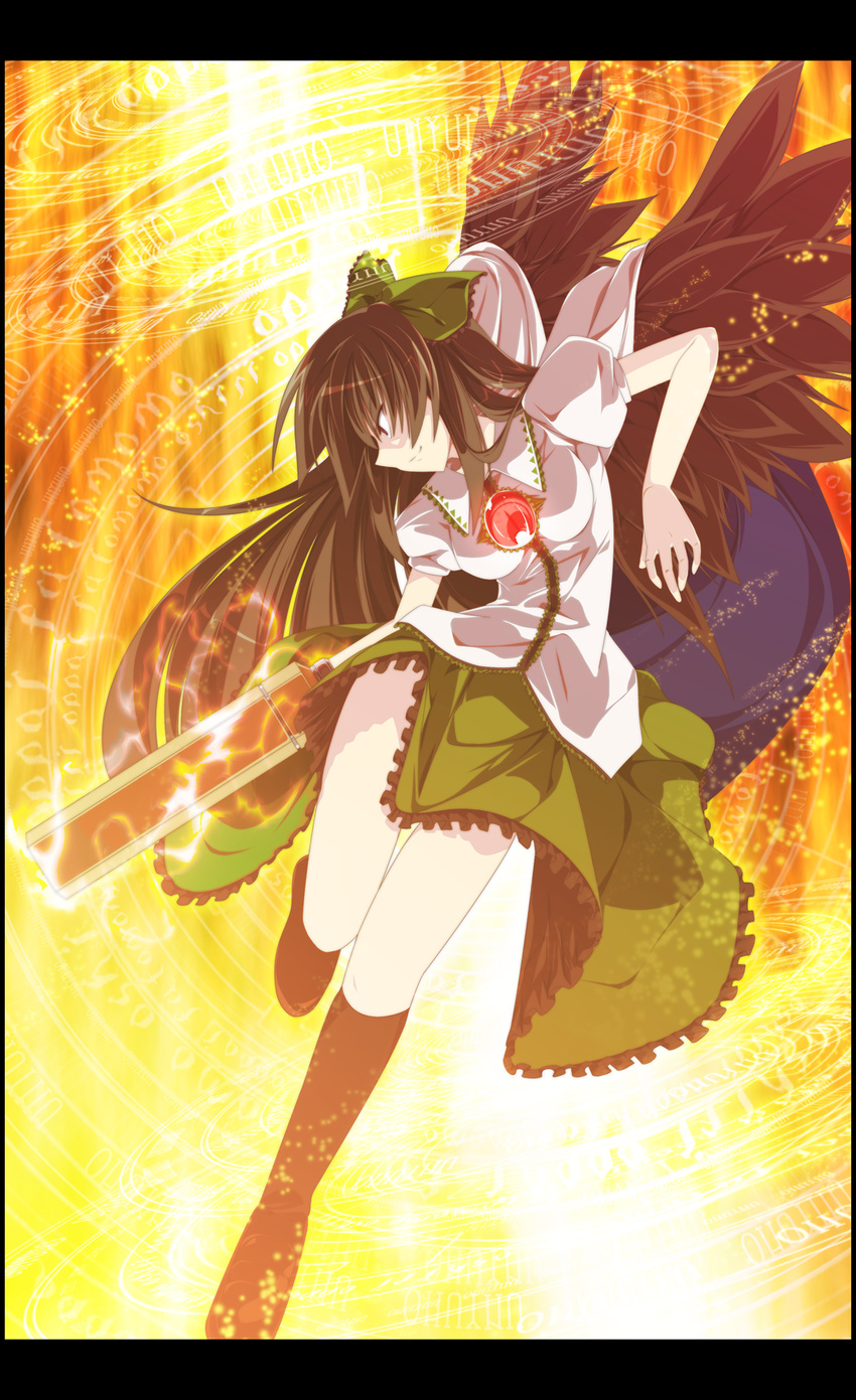 arm_cannon black_hair black_legwear black_wings border bow energy evil_smile eyes frills hair_bow hands highres kneehighs long_hair magic_circle red_eyes reiuji_utsuho sakurame smile solo touhou weapon wings