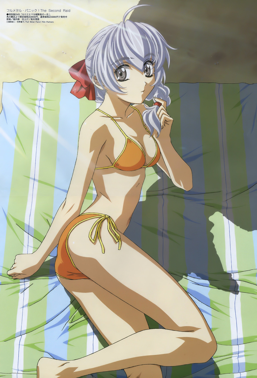 absurdres ahoge arm_support ass bangs barefoot beach beach_towel bikini blue_towel bow braid breasts cleavage clenched_hand closed_mouth collarbone crease day eyebrows_visible_through_hair from_above from_side full_metal_panic! green_towel grey_eyes hair_between_eyes hair_bow hair_over_shoulder hair_ribbon hair_tie hand_up highres holding holding_hair horiuchi_osamu kneepits light_rays light_smile looking_to_the_side medium_breasts medium_hair navel official_art outdoors reclining red_bow ribbon scan shade shadow shiny shiny_hair side-tie_bikini sideboob silver_hair single_braid smile solo striped striped_towel sunbeam sunlight swimsuit teletha_testarossa towel