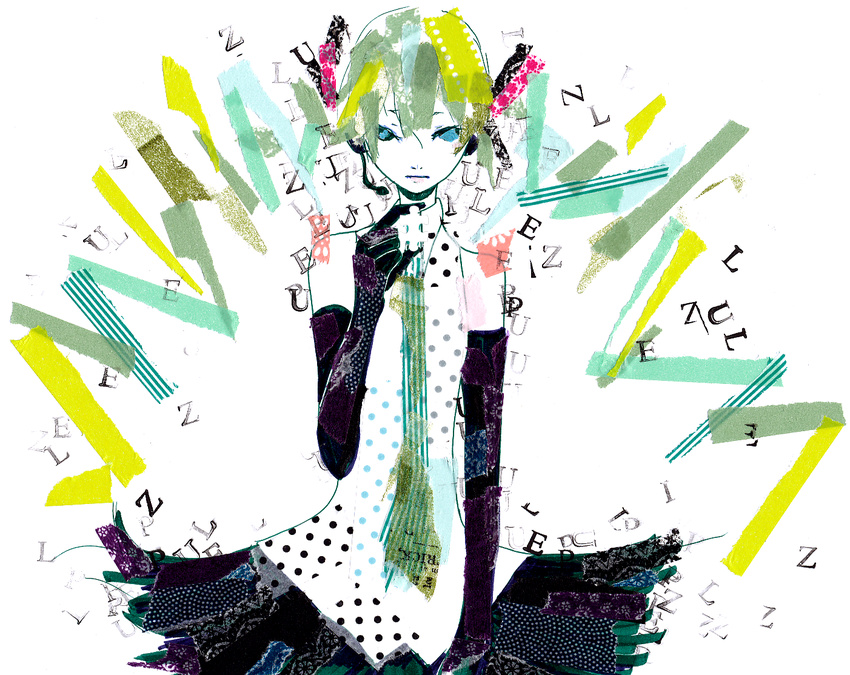 abstract blue_eyes elbow_gloves gloves hatsune_miku headphones headset long_hair necktie puzzle puzzle_(vocaloid) ryono skirt solo twintails very_long_hair vocaloid