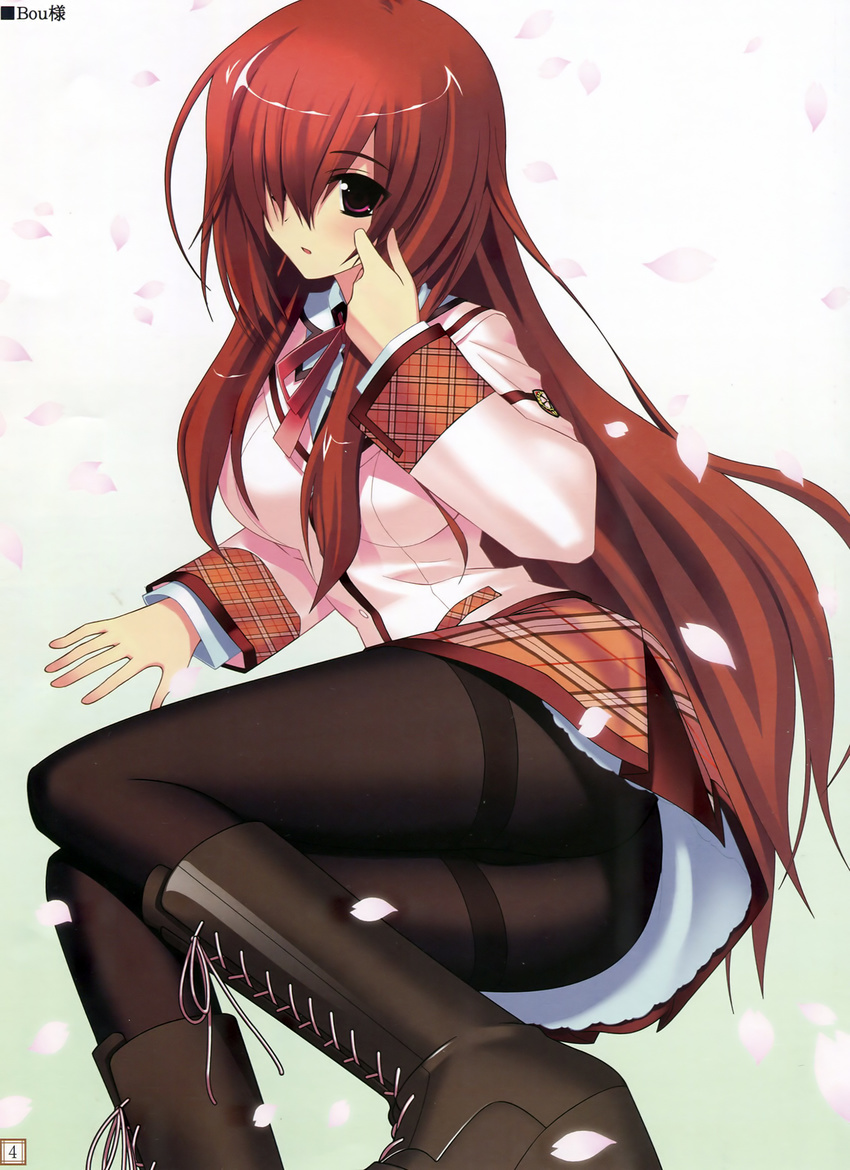 amami_mikage artist_name black_footwear black_legwear blazer boots bou breasts cherry_blossoms cross-laced_footwear crotch_seam hair_over_one_eye hand_up highres jacket lace-up_boots large_breasts long_hair long_sleeves lying miniskirt on_side panties panties_under_pantyhose pantyhose petals pink_eyes pink_jacket plaid plaid_skirt pleated_skirt red_eyes red_hair sakura_tale scan school_uniform simple_background skirt sleeve_cuffs solo source_request thighband_pantyhose underwear very_long_hair