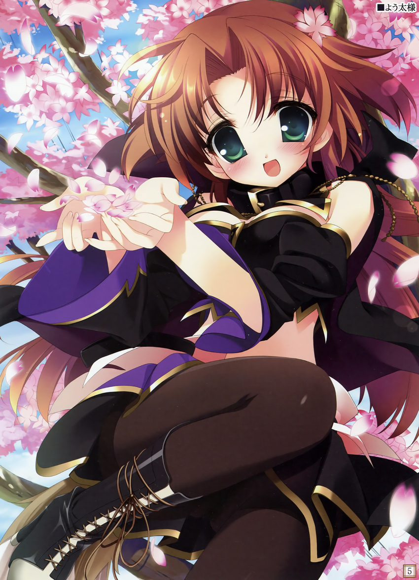 :d blush boots brown_hair brown_legwear cherry_blossoms collar cupping_hands green_eyes highres knee_boots looking_at_viewer midriff open_mouth pantyhose petals sakura_tale short_hair smile solo wakaba_rinko youta