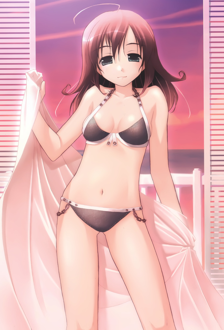 absurdres ahoge akata_itsuki bikini breasts brown_hair copyright_request green_eyes highres medium_breasts open_towel solo sunset swimsuit towel window