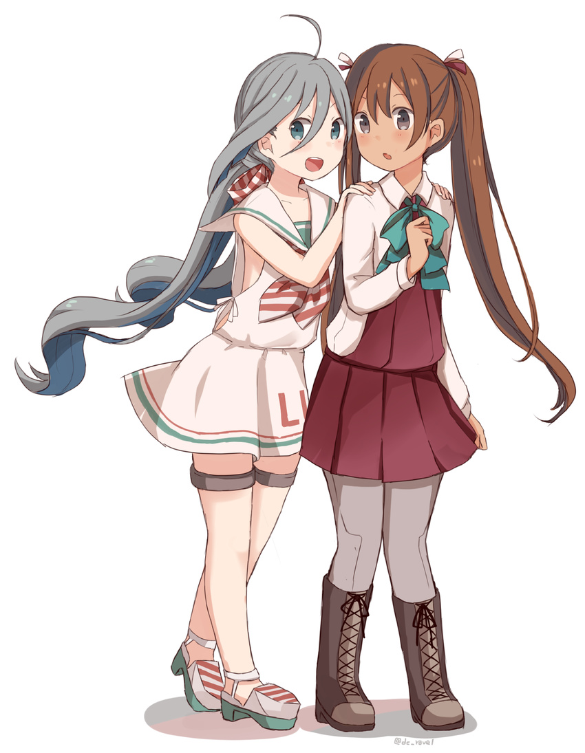 ahoge bare_legs blue_eyes blue_hair boots bow bowtie brown_hair cosplay costume_switch dress grey_eyes grey_hair hair_ribbon hands_on_another's_shoulders highres kantai_collection kiyoshimo_(kantai_collection) kiyoshimo_(kantai_collection)_(cosplay) libeccio_(kantai_collection) libeccio_(kantai_collection)_(cosplay) long_hair looking_at_viewer low_twintails multicolored_hair multiple_girls neckerchief open_mouth pantyhose pleated_skirt ribbon riz_(ravel_dc) sailor_dress school_uniform serafuku skirt skirt_hold sleeveless sleeveless_dress striped striped_neckwear thigh_strap twintails twitter_username
