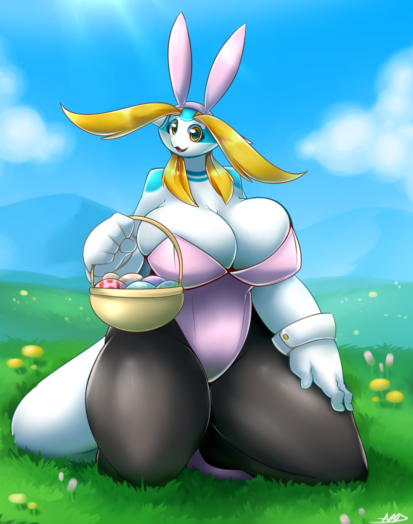 2016 aijou anthro averyshadydolphin basket big_breasts blonde_hair blue_markings breasts bunny_costume clothed clothing cloud cute day detailed_background dragon easter egg eyebrows eyelashes female flower grass hair hi_res holidays huge_breasts looking_at_viewer markings open_mouth outside plant sky smile solo thick_thighs wide_hips