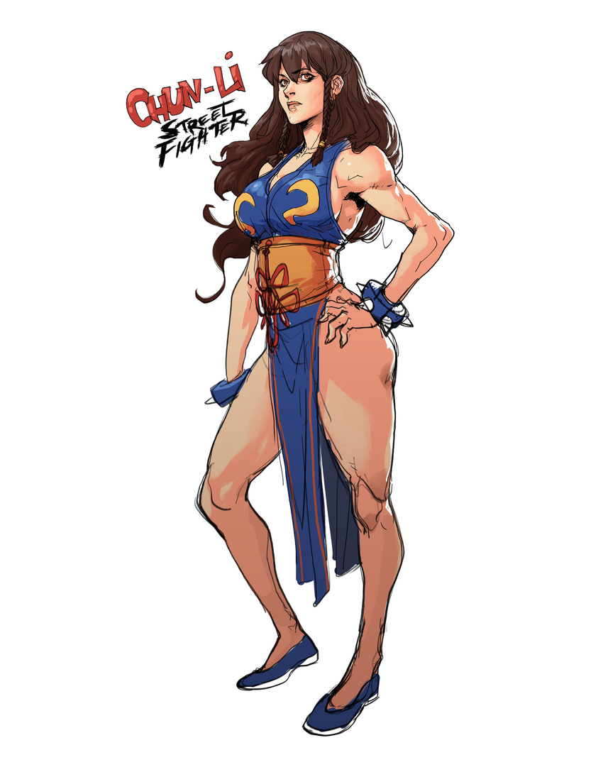 1girl alternate_color alternate_costume alternate_hairstyle blue_dress braid capcom china_dress chun-li flats hicham_habchi long_hair maedeup player_2 solo spiked_bracelet street_fighter street_fighter_v