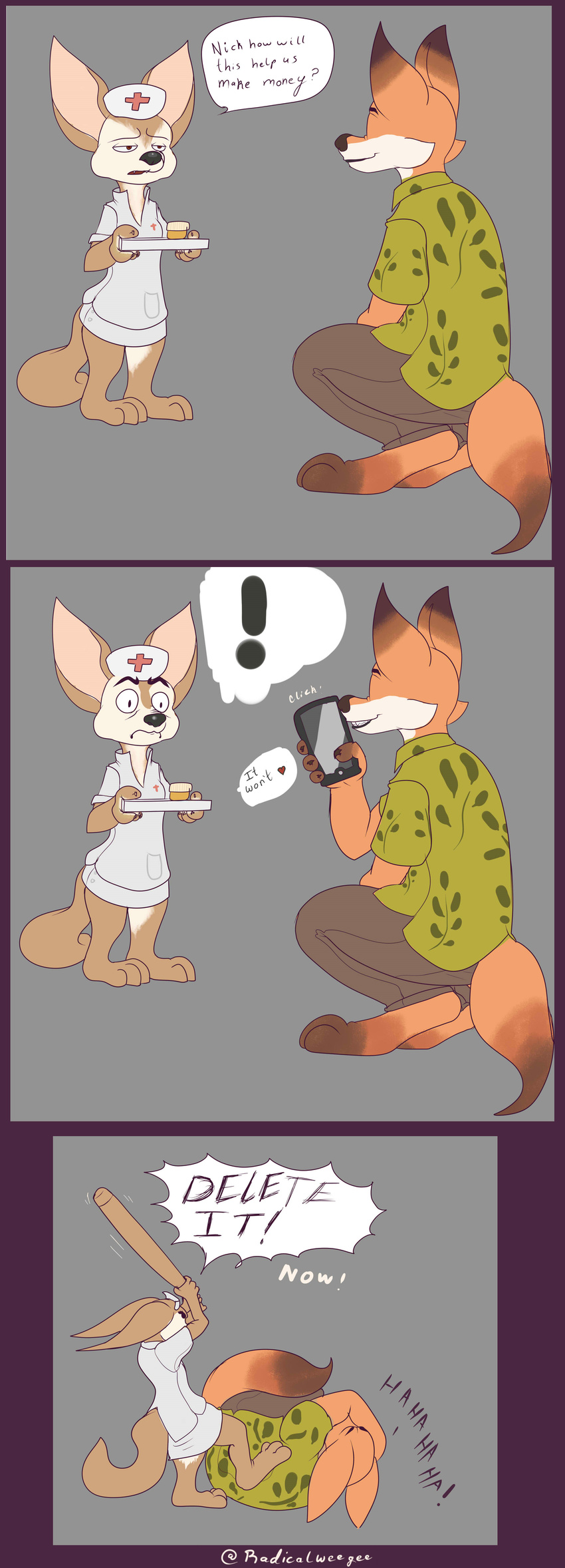 ! &lt;3 absurd_res black_nose blackmail border clothed clothing comic crossdressing digital_media_(artwork) disney english_text female finnick grey_background hi_res humor male mammal nick_wilde nurse phone radicalweegee simple_background speech_bubble standing text zootopia