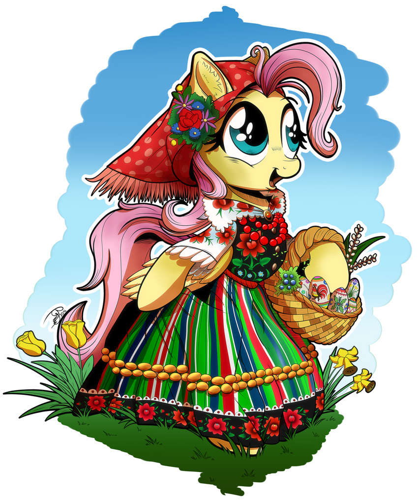 2016 basket blue_eyes clothing dress easter_egg egg equine female flower fluttershy_(mlp) friendship_is_magic gray-day hi_res jewelry mammal my_little_pony necklace pegasus plant solo wings