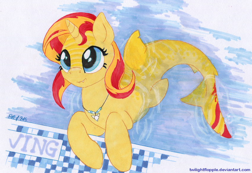 2015 blonde_hair blue_eyes equestria_girls equine female fish hair horn hybrid jewelry mammal marine my_little_pony necklace red_hair shark solo sunset_shimmer_(eg) swimming_pool traditional_media_(artwork) twilightflopple unicorn water