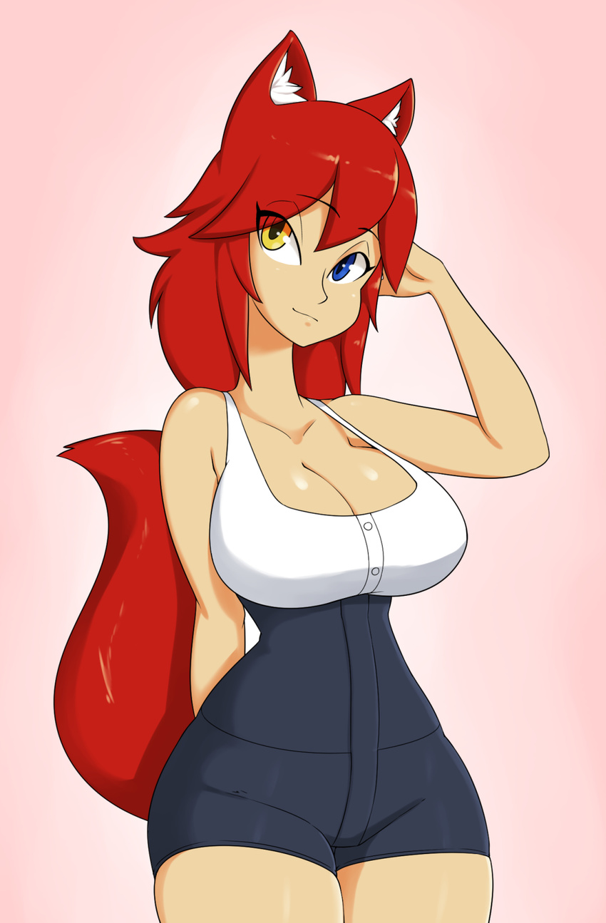 2016 animal_humanoid breasts canine cleavage clothed clothing female fox fox_humanoid fox_tail hair heterochromia hi_res human humanoid kaitlin mammal portrait red_hair simple_background skecchiart solo three-quarter_portrait