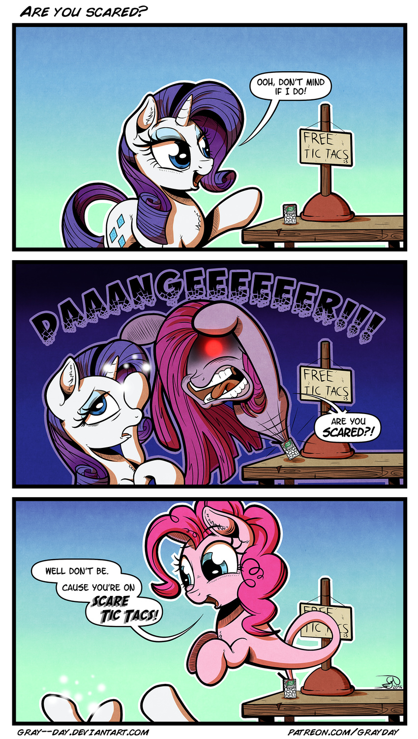 2016 comic equine female friendship_is_magic gray-day hi_res horn horse humor mammal my_little_pony pinkamena_(mlp) pinkie_pie_(mlp) plunger pony pun rarity_(mlp) red_eyes tic_tac unicorn