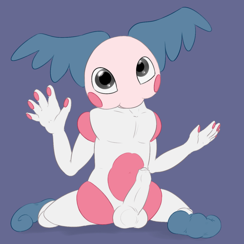 anthro balls black_eyes blue_background erection hi_res humanoid_penis looking_at_viewer male mammal mr._mime navel nintendo nude partially_retracted_foreskin penis pink_skin pok&eacute;mon posexe presenting simple_background smile solo spread_legs spreading uncut video_games white_skin