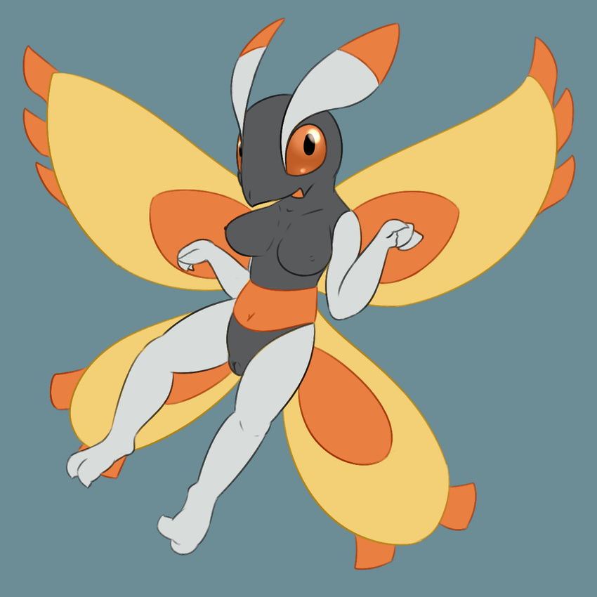 antennae anthro arthropod black_skin blue_background breasts female hi_res insect looking_at_viewer moth mothim navel nintendo nipples nude open_mouth orange_sclera orange_skin pok&eacute;mon posexe pussy simple_background smile solo video_games white_skin wings