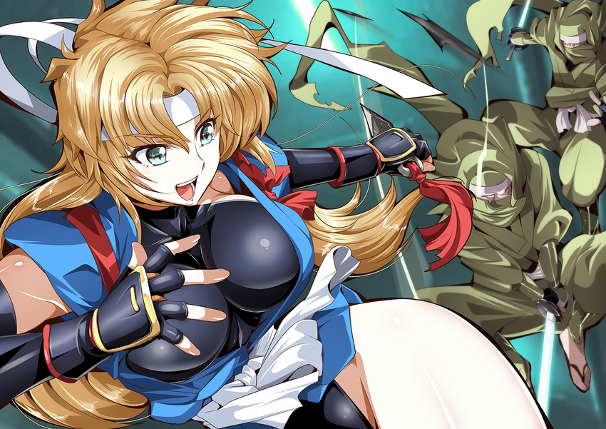 bare_legs black_leotard blonde_hair bouncing_breasts breasts eyebrows eyebrows_visible_through_hair feet fighting fingerless_gloves gauntlets gloves green_eyes headband highres holding holding_sword holding_weapon impossible_clothes impossible_leotard japanese_clothes jumping kuikome_sagi large_breasts legs leotard long_hair looking_back martial_champion ninja open_mouth racheal sandals skin_tight smile sword thighs toes weapon