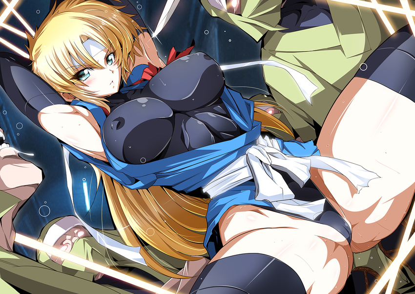 1girl armpits arms_up black_leotard blonde_hair blush breasts cameltoe erect_nipples eyebrows eyebrows_visible_through_hair green_eyes headband highres imminent_rape impossible_clothes impossible_leotard japanese_clothes kuikome_sagi large_breasts legs leotard long_hair looking_at_viewer martial_champion mound_of_venus ninja pussy pussy_juice racheal sandals skin_tight sweat sword thighhighs thighs wet