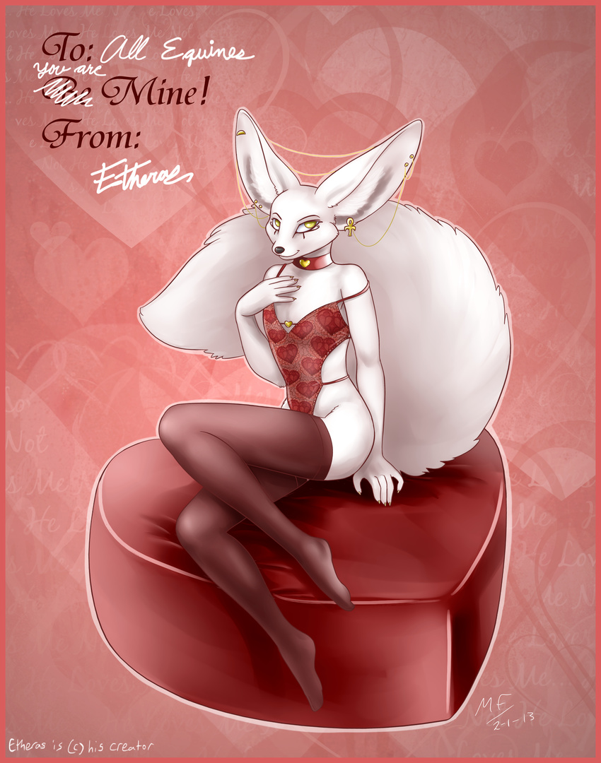 &lt;3 2013 5_fingers abstract_background absurd_res anthro black_nose canine clothed clothing collar conditional_dnp crossdressing digital_media_(artwork) ear_piercing english_text etheras etheras_(copyright) fennec fox fur girly hi_res holidays jewelry male mammal moodyferret piercing simple_background sitting smile sofa solo text valentine's_day white_fur yellow_eyes