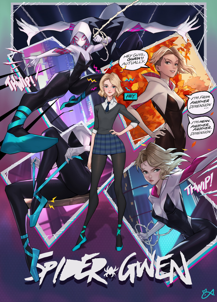 1girl absurdres asymmetrical_hair ballet_slippers blonde_hair blue_eyes bodysuit character_name citemer english_text flying_kick gwen_stacy hand_on_hip highres hood hood_down kicking marvel mask multiple_views necktie school_uniform short_hair silk sitting skirt smile sound_effects speech_bubble spider-gwen spider-man:_into_the_spider-verse spider-man_(series) spider_web spider_web_print standing superhero tiptoes undercut vest