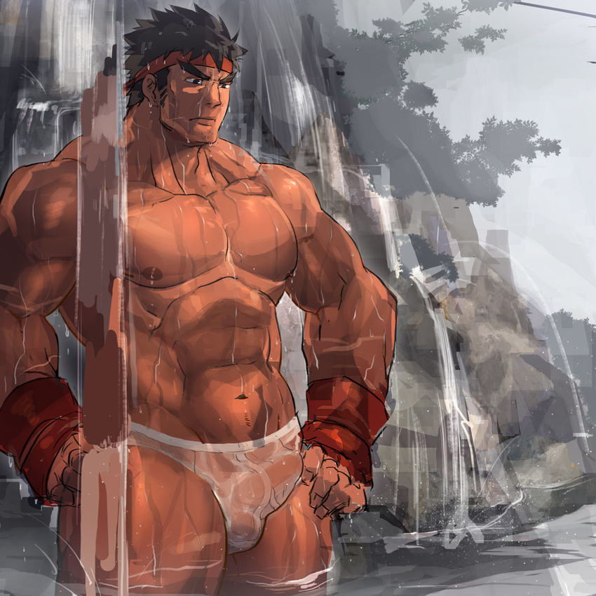 1boy abs bara black_hair male_focus muscle nikism outdoors pecs penis ryuu_(street_fighter) solo street_fighter tagme topless underwear water