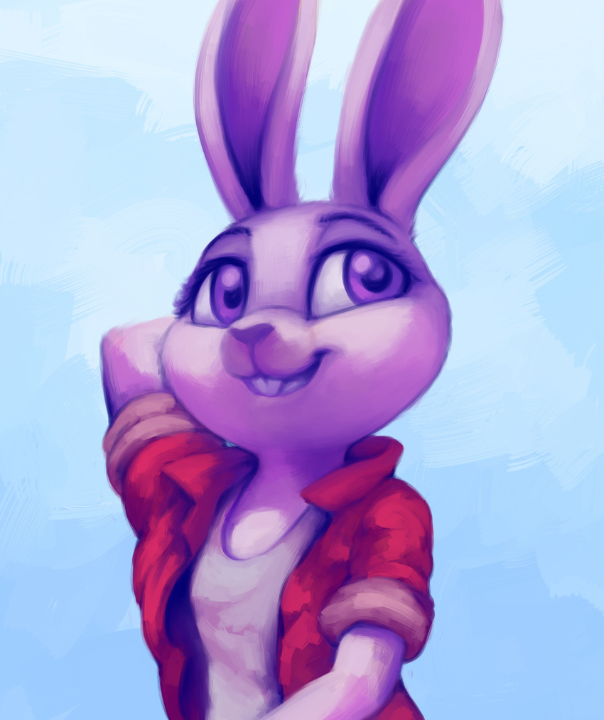 2016 anthro blue_background buckteeth clothing disney female feral fur grey_fur hand_behind_head hi_res judy_hopps lagomorph long_ears looking_at_viewer mammal purple_eyes rabbit simple_background smile solo teeth verulence zootopia