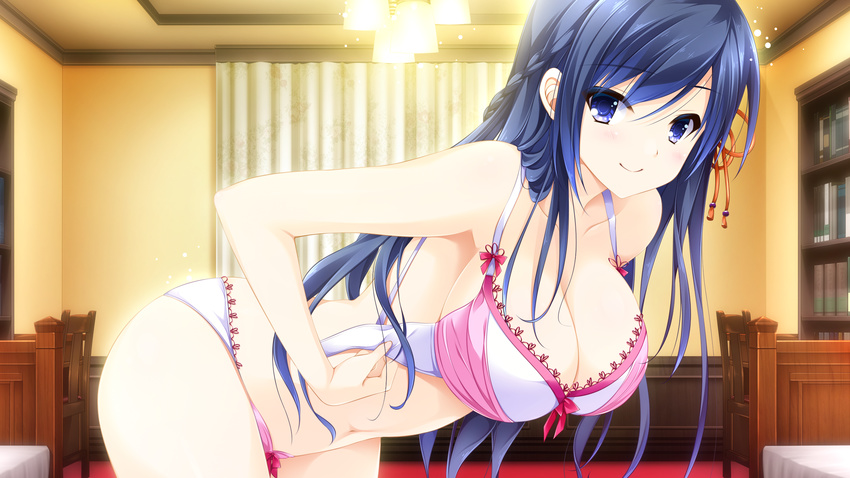 bent_over blue_eyes blue_hair blush book bookshelf bra breasts game_cg hair_ornament highres large_breasts long_hair looking_at_viewer makise_satsuki otome_ga_irodoru_koi_no_essence panties pink_bra pink_panties room smile solo underwear underwear_only undressing zinno