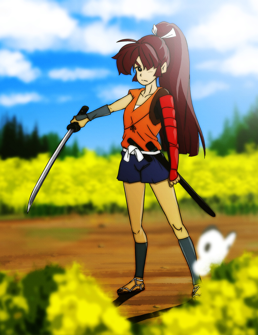 ankle_wrap armor brown_hair bug butterfly crayon_shin-chan crossdressing eyebrows flower highres insect kasuga_fubukimaru katana no_socks ponytail sandals solo sword thick_eyebrows thighhighs tnobu weapon