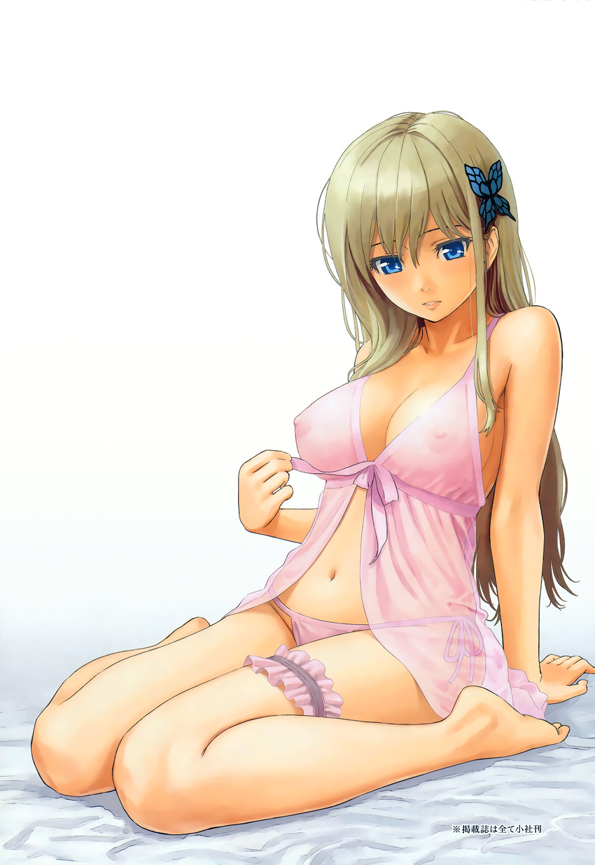 areolae arm_support babydoll barefoot blonde_hair blue_eyes boku_wa_tomodachi_ga_sukunai breasts butterfly_hair_ornament cleavage collarbone covered_nipples front-tie_top hair_ornament highres homunculus_(artist) kashiwazaki_sena large_breasts leg_garter lips long_hair navel nipples panties parted_lips pink_panties scan see-through side-tie_panties sitting solo string_panties thigh_strap underwear untying wariza