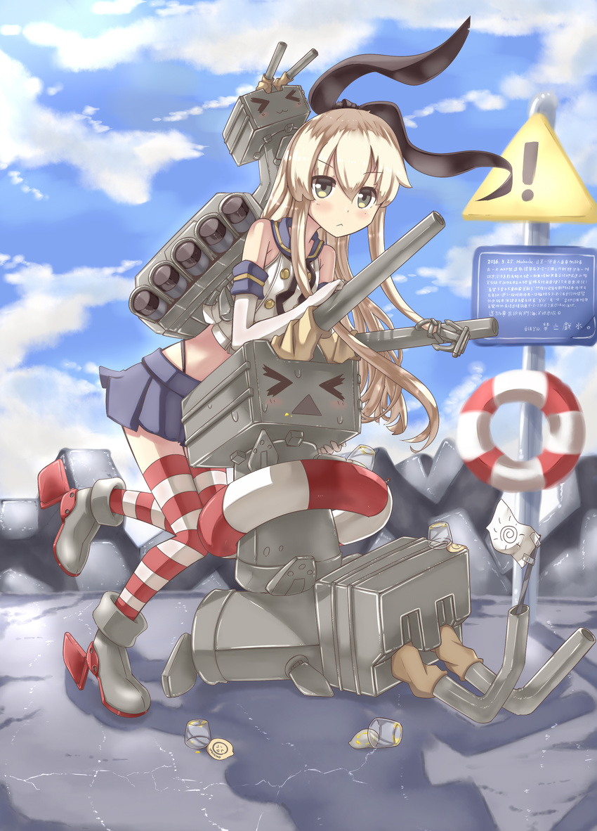 &gt;_&lt; :&lt; absurdres anchor_hair_ornament artist_name blonde_hair blush boots buttons cannon closed_eyes cloud cloudy_sky crop_top cup dated day disposable_cup elbow_gloves full_body gloves grey_eyes hair_ornament hair_ribbon highres hinbackc kantai_collection lifebuoy long_hair looking_at_viewer machinery neckerchief pleated_skirt rensouhou-chan ribbon road_sign school_uniform serafuku shimakaze_(kantai_collection) sign skirt sky sleeveless standing standing_on_one_leg striped striped_legwear sweatdrop thighhighs turret