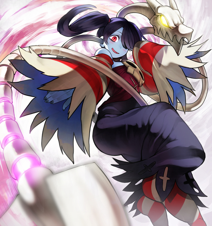 bare_shoulders blue_skirt highres hips leviathan_(skullgirls) nail_polish nishiide_kengorou purple_hair red_eyes side_ponytail skirt skullgirls smile squigly_(skullgirls) stitched_mouth stitches striped striped_legwear zombie