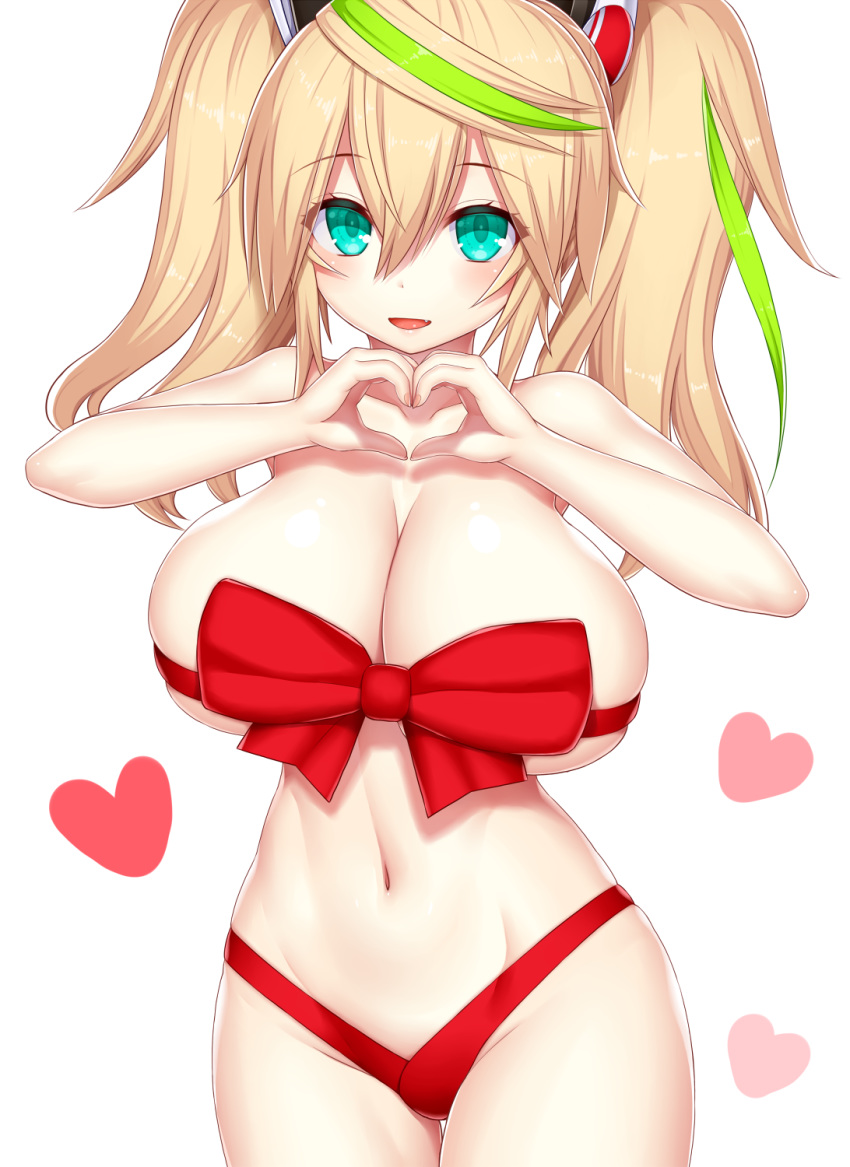 1girl :d aqua_eyes asamura_hiori blonde_hair blush bow breasts collarbone commentary_request eyebrows_visible_through_hair fang gene_(pso2) green_hair groin hair_between_eyes heart heart_hands highres large_breasts long_hair looking_at_viewer multicolored_hair naked_ribbon navel open_mouth phantasy_star phantasy_star_online_2 red_ribbon ribbon smile solo streaked_hair thigh_gap twintails white_background