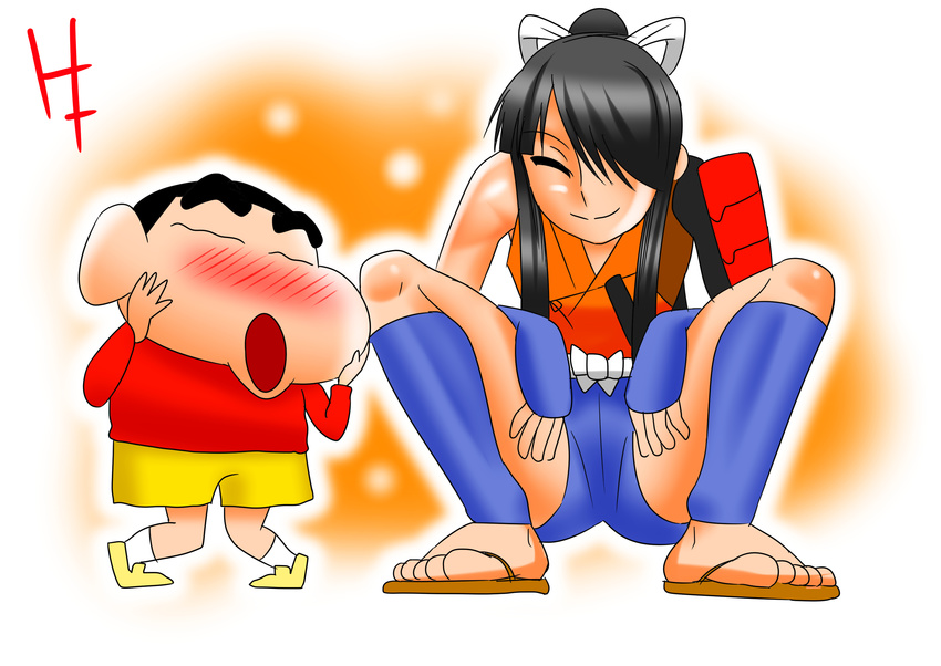 armor artist_request black_hair blush buzz_cut crayon_shin-chan drifters eyebrows highres long_hair multiple_boys nasu_no_yoichi nohara_shinnosuke open_mouth otoko_no_ko ponytail sandals shorts smile squatting thick_eyebrows