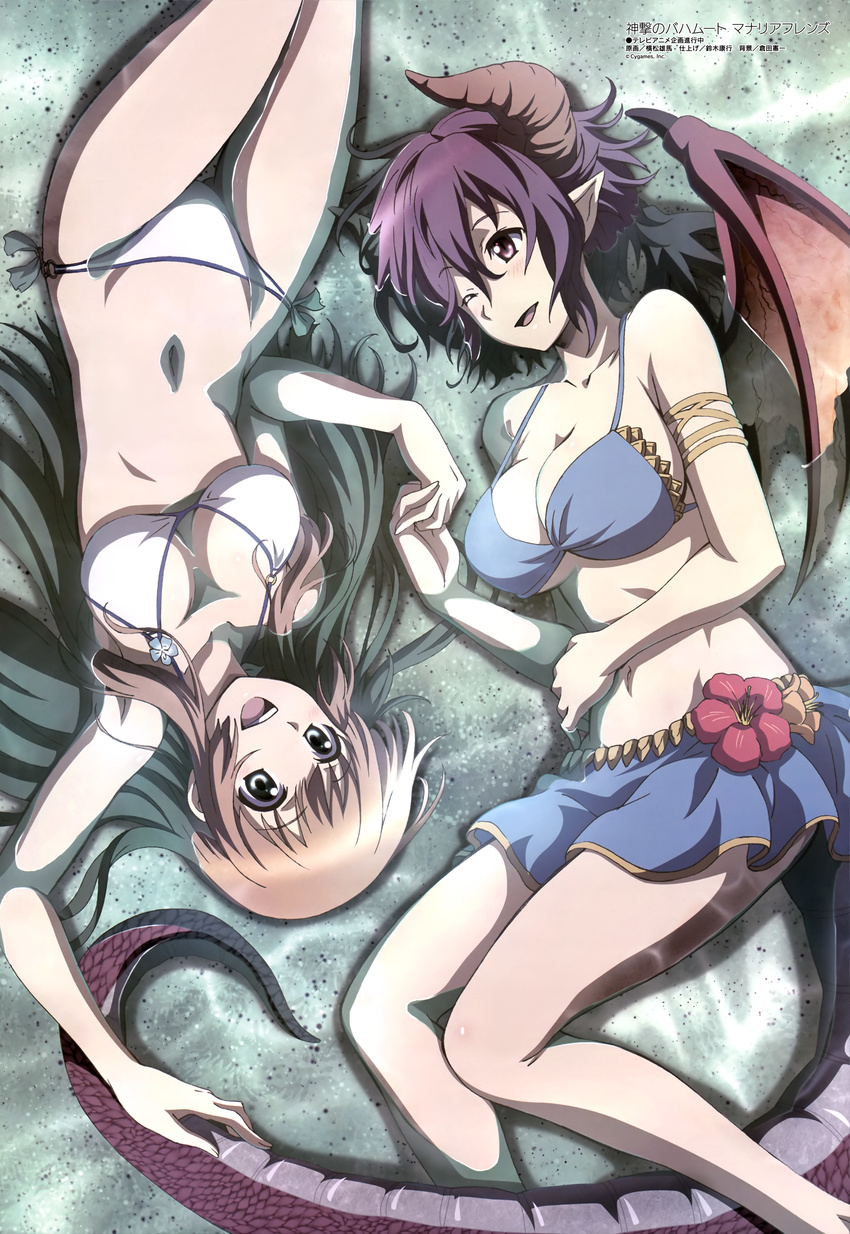 :d ;d absurdres anne_(shingeki_no_bahamut) ass_visible_through_thighs bikini breasts cleavage dragon_girl dragon_horns dragon_tail dragon_wings from_above grea_(shingeki_no_bahamut) hand_on_own_stomach happy highres holding_another's_tail holding_hands horns large_breasts long_hair lying medium_breasts multiple_girls navel o-ring o-ring_bottom o-ring_top official_art on_back one_eye_closed open_mouth pointy_ears shingeki_no_bahamut shingeki_no_bahamut:_manaria_friends short_hair smile swimsuit tail underboob upside-down wet wings yin_yang yokomatsu_yuuma