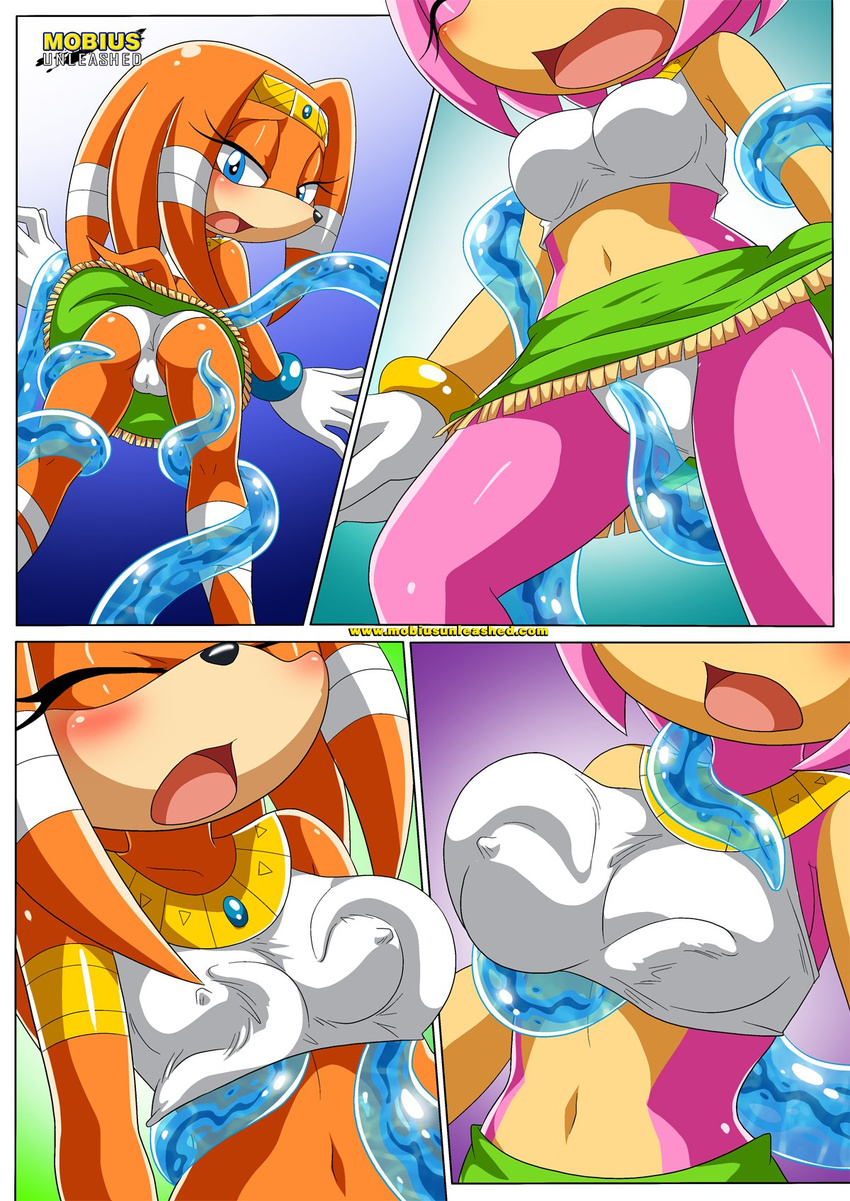 2016 amy_rose bbmbbf blush breasts butt camel_toe chaos_(sonic) clothing comic echidna erect_nipples female gloves half-closed_eyes hedgehog hi_res holding_breast male male/female mammal mobius_unleashed monotreme navel nipples palcomix panties shirt skirt sonic_(series) tentacles text tikal_the_echidna underwear