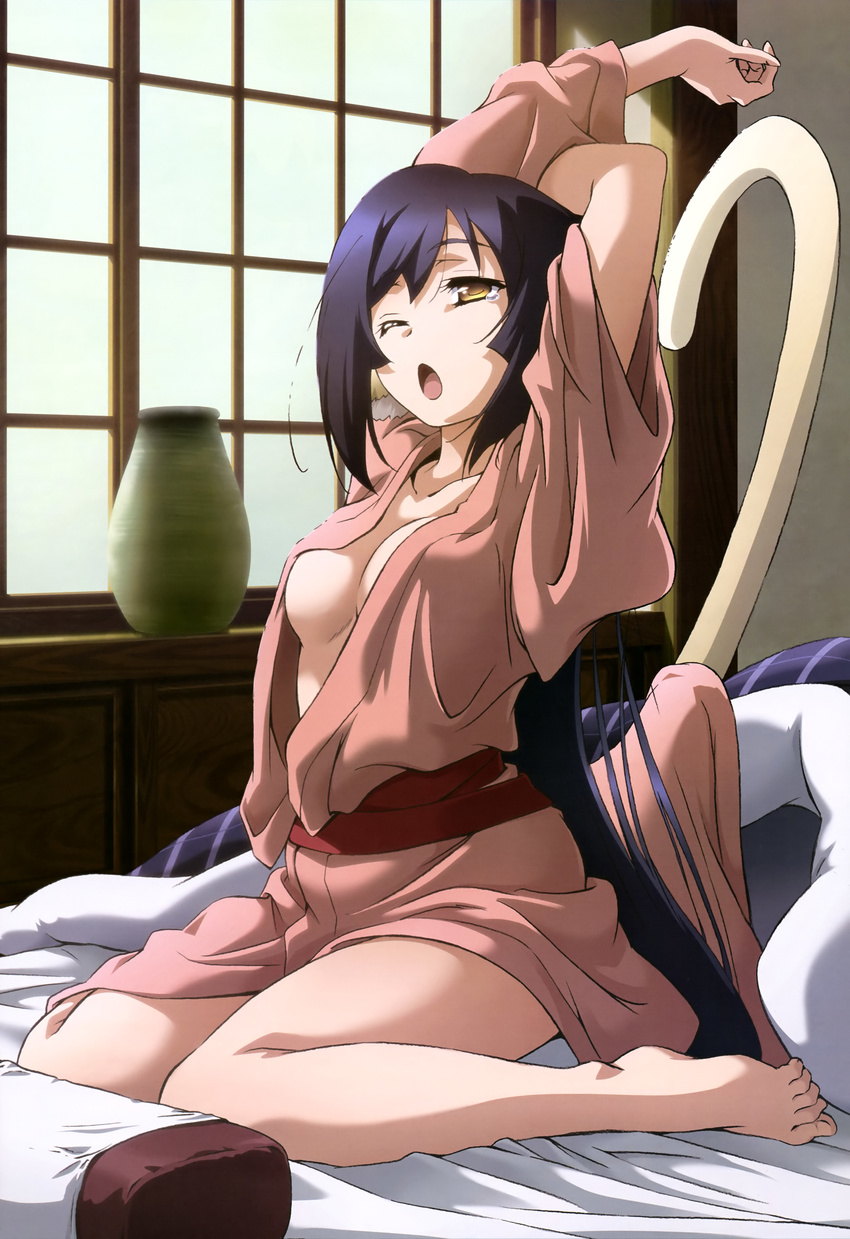 absurdres animal_ears arms_up barefoot bed bed_sheet blue_hair breasts brown_eyes collarbone full_body highres indoors japanese_clothes kimono kuon_(utawareru_mono) long_hair medium_breasts official_art on_bed one_eye_closed open_clothes open_mouth sitting solo tail tears utawareru_mono utawareru_mono:_itsuwari_no_kamen vase very_long_hair waking_up wariza window yawning