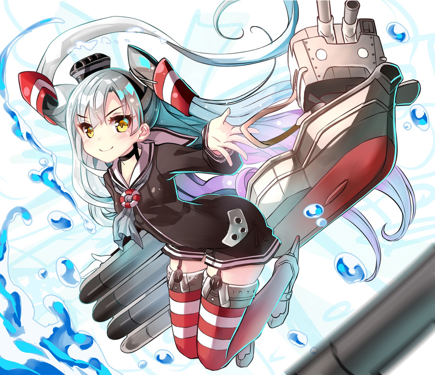 &gt;:) amatsukaze_(kantai_collection) arched_back brown_dress choker dress garter_straps gloves hair_tubes highres kantai_collection lifebuoy long_hair long_sleeves looking_at_viewer machinery o_o open_hand red_legwear rensouhou-kun sailor_collar sailor_dress sho_(runatic_moon) short_dress silver_hair single_glove smile solid_circle_eyes striped striped_legwear thighhighs torpedo turret two_side_up v-shaped_eyebrows water white_gloves windsock yellow_eyes