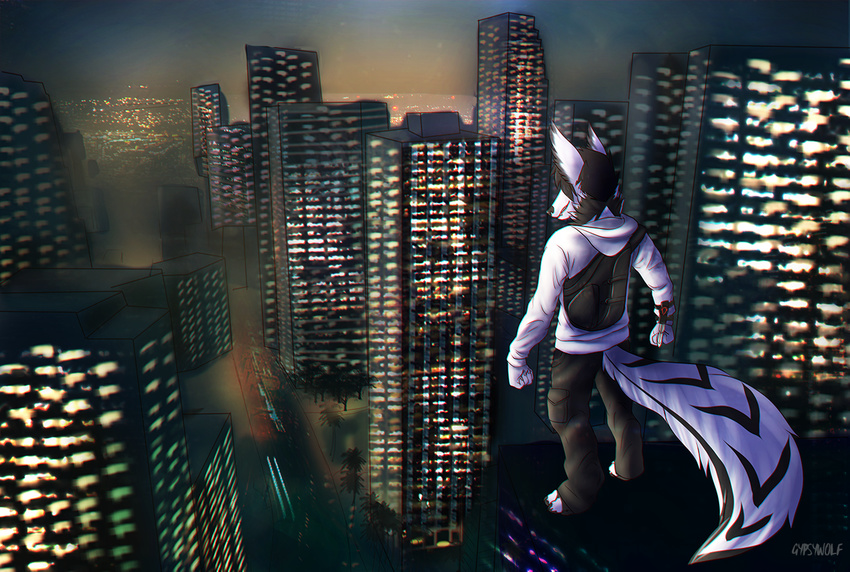 2016 anthro ark_dedran assassin's_creed backpack building canine city claws clothed clothing dog downtown_miami fur gypsywolf hidden_blade hoodie husky hybrid jex mammal miami paint palm_trees scene scenery sky skyscraper video_games weapon