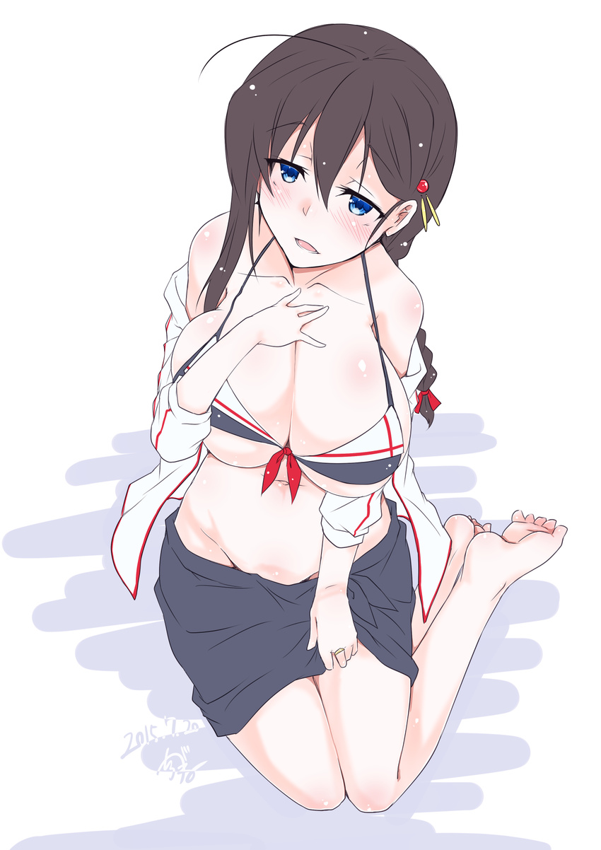 ahoge bare_shoulders barefoot bikini bikini_top blue_eyes blush braid breasts brown_hair cleavage collarbone commentary_request dated hair_between_eyes hair_ornament hair_ribbon hand_on_own_chest hand_on_thigh highres huge_breasts jewelry kantai_collection long_hair looking_at_viewer navel no_panties older open_mouth red_ribbon ribbon ring shigure_(kantai_collection) shiny shiny_skin shirogane_(cufsser) signature single_braid sitting solo swimsuit teeth underboob wedding_band yokozuwari