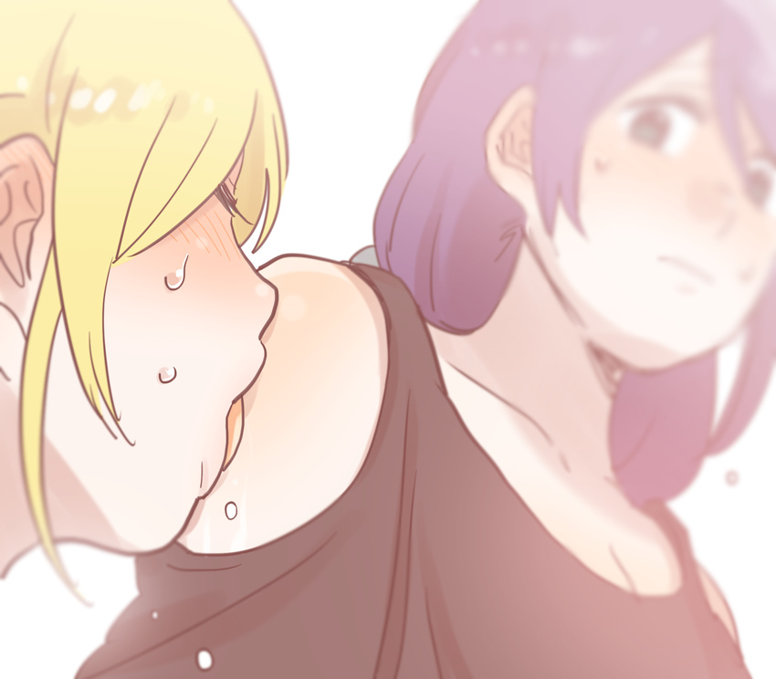 ayase_eli blonde_hair blurry blush depth_of_field highres licking licking_shoulder love_live! love_live!_school_idol_project multiple_girls pito_(sh02327) sweat sweatdrop toujou_nozomi yuri