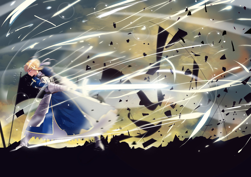 absurdres armor armored_dress artoria_pendragon_(all) banner blonde_hair excalibur fate/stay_night fate_(series) highres invisible_air juliet_sleeves long_sleeves lucky_(1045044604) puffy_sleeves saber solo wind